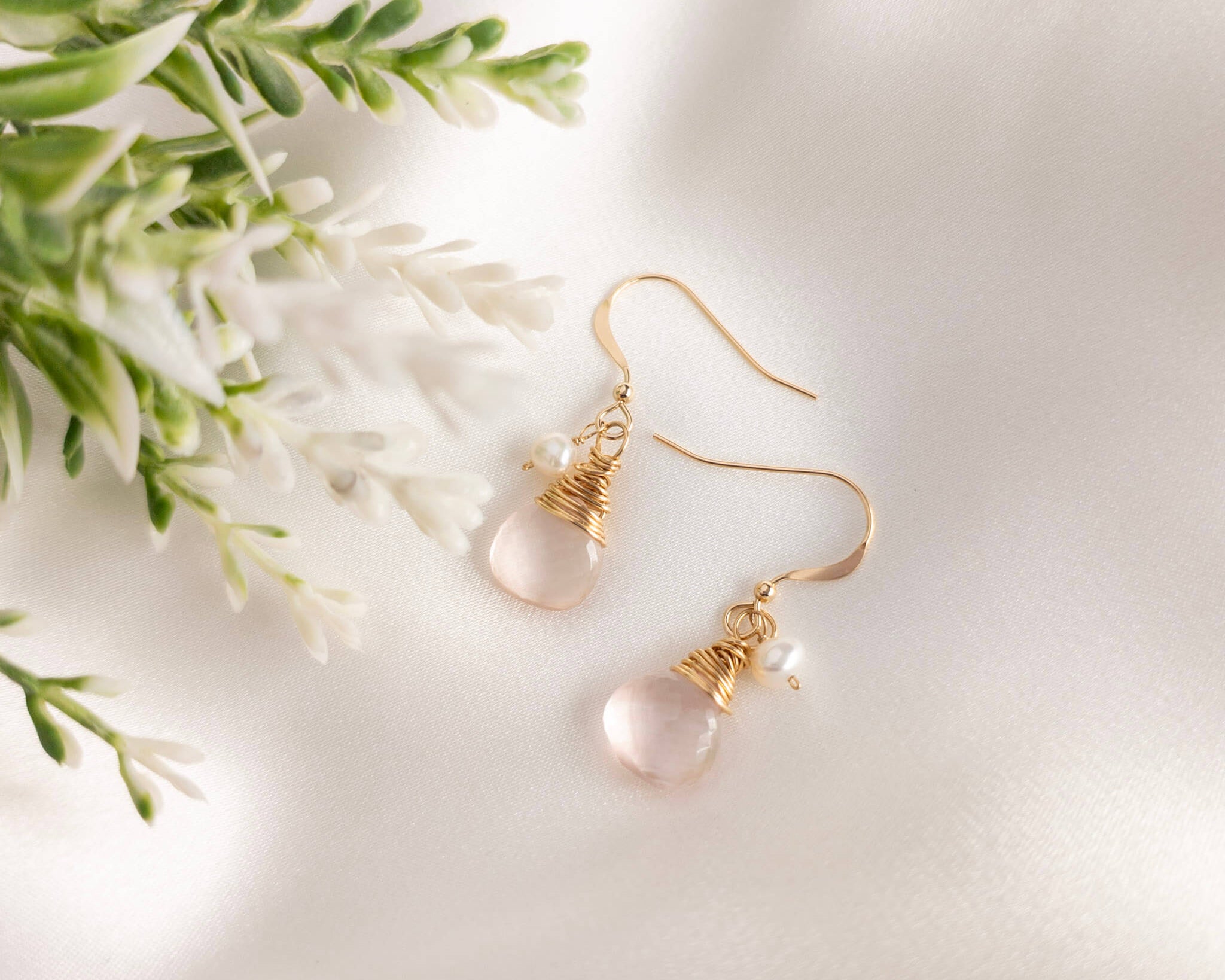 rose quartz and pearl drop earrings