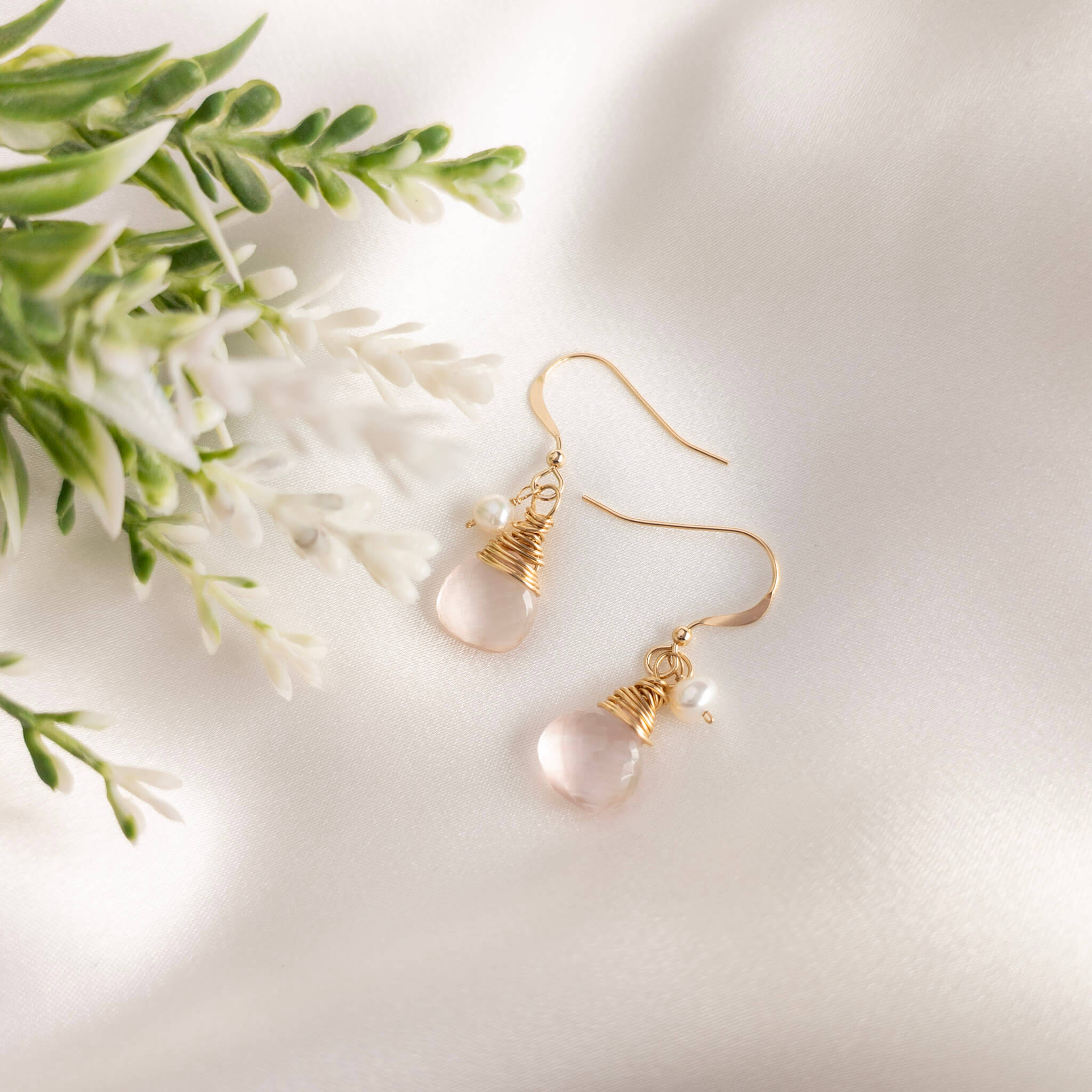 rose quartz and pearl drop earrings