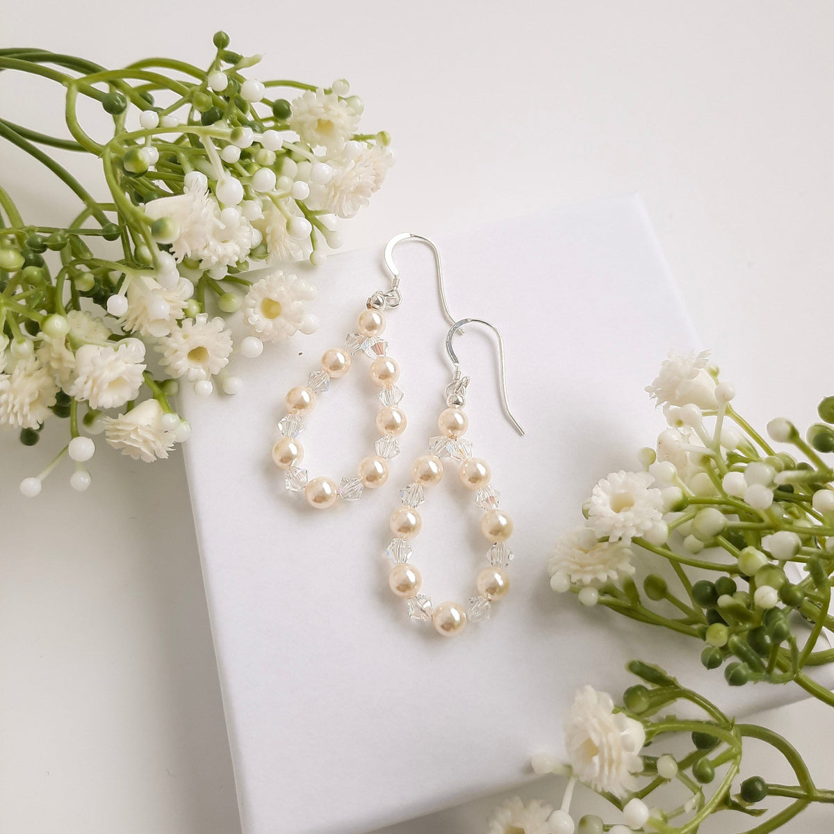 Freshwater pearl drop earrings with crystal beads and sterling silver hooks