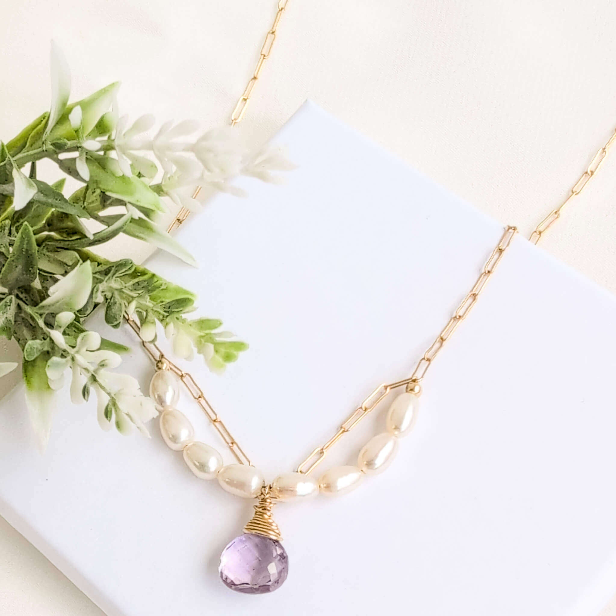 Pink amethyst and pearl pendant