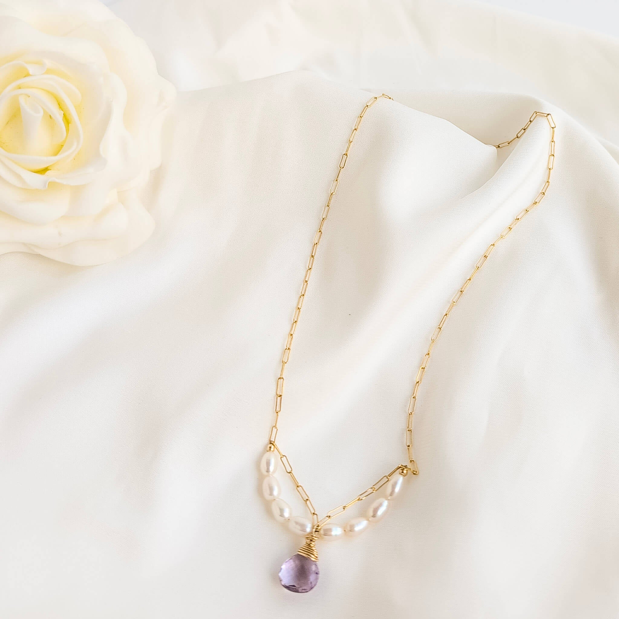 Pink amethyst and pearl pendant