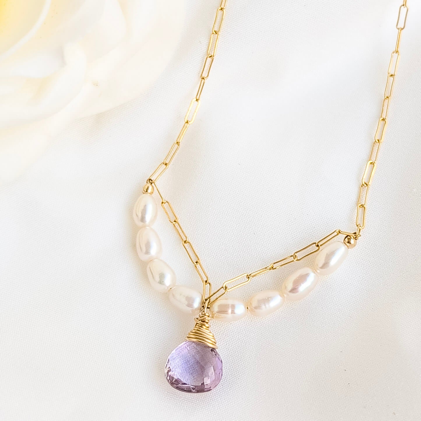 Pink amethyst and pearl pendant