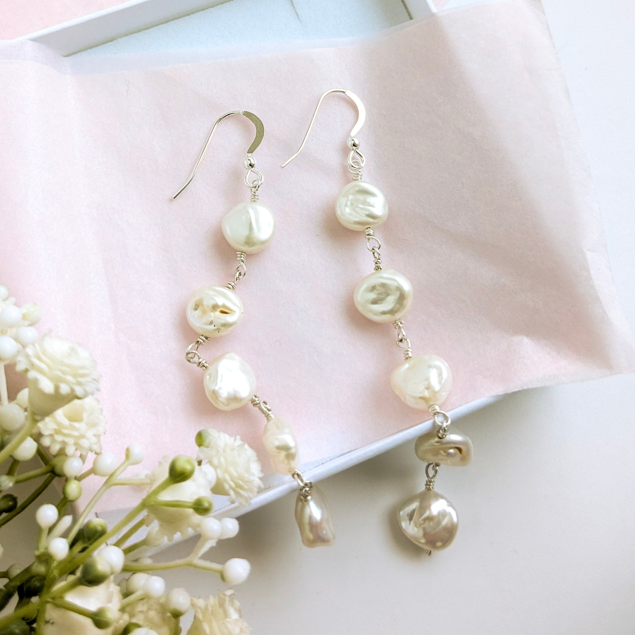 keshi pearl long drop earrings