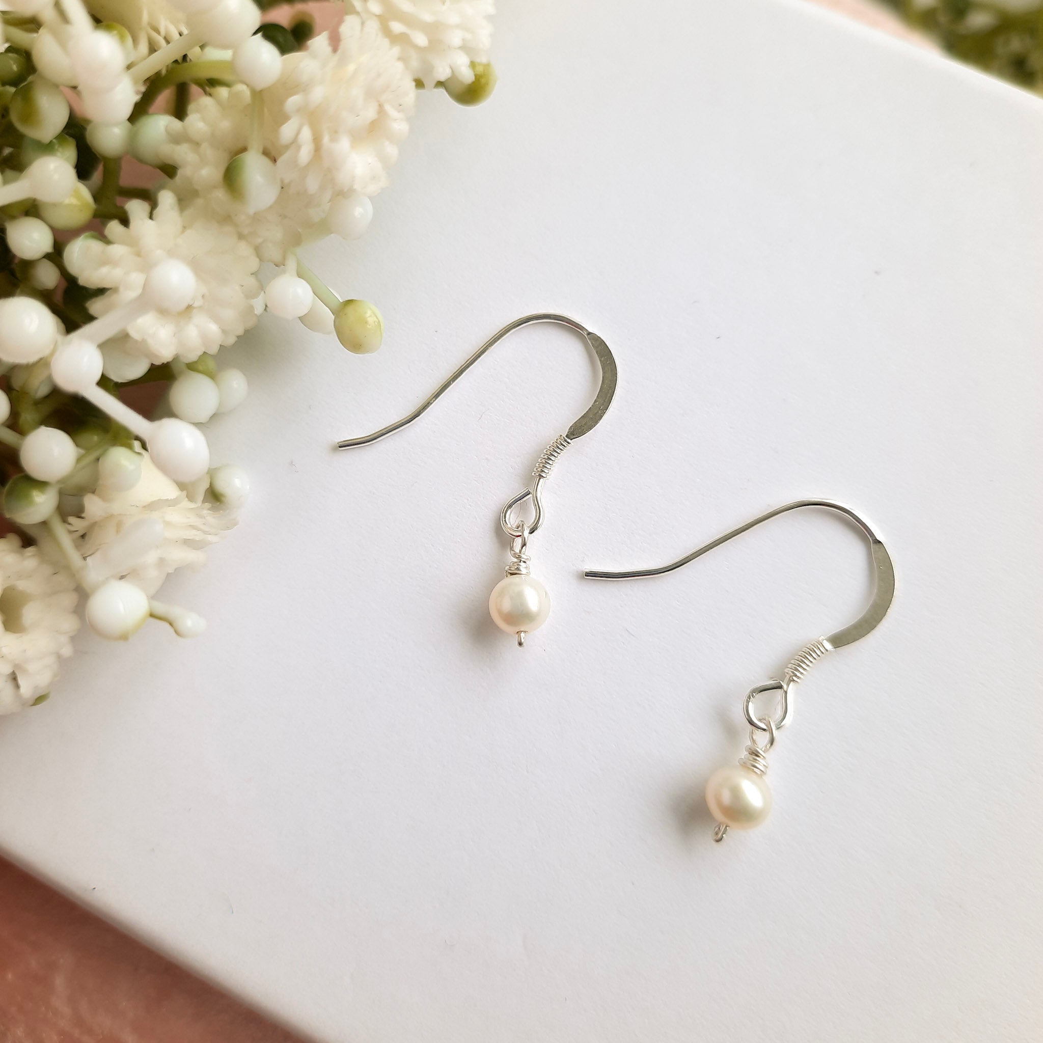 Small Pearl Drop Earrings in silver