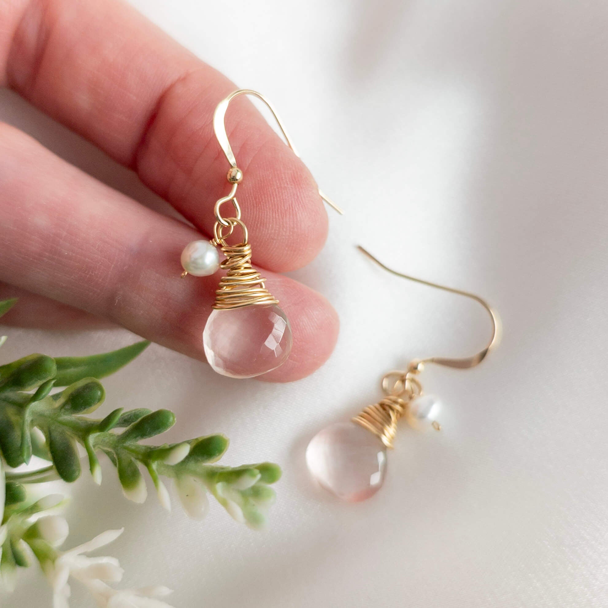 rose quartz and pearl earrings