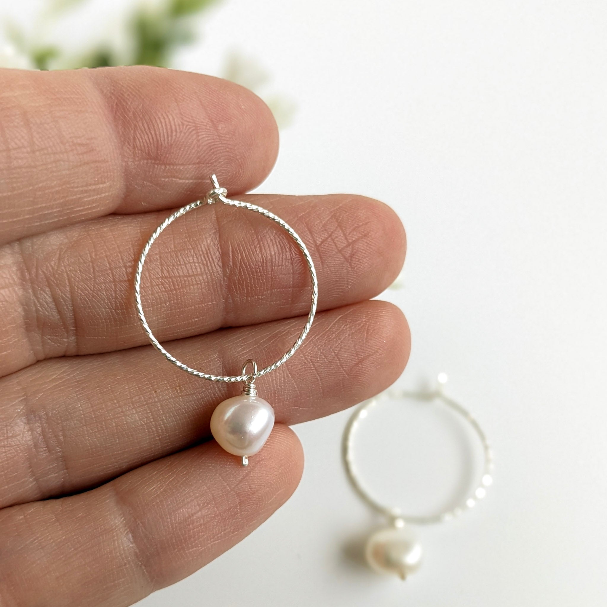 Silver hoop pearl earrings