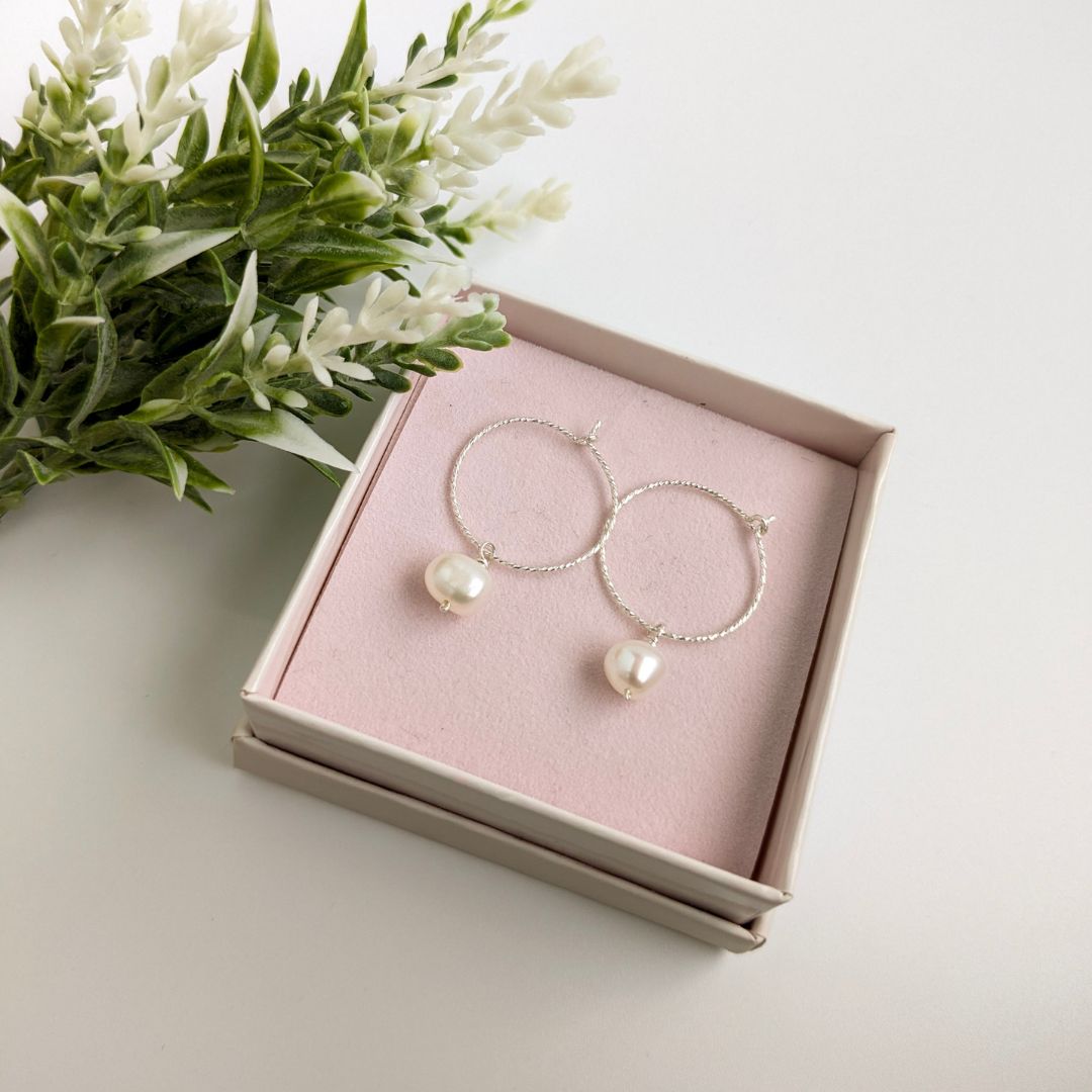 Silver hoop pearl earrings