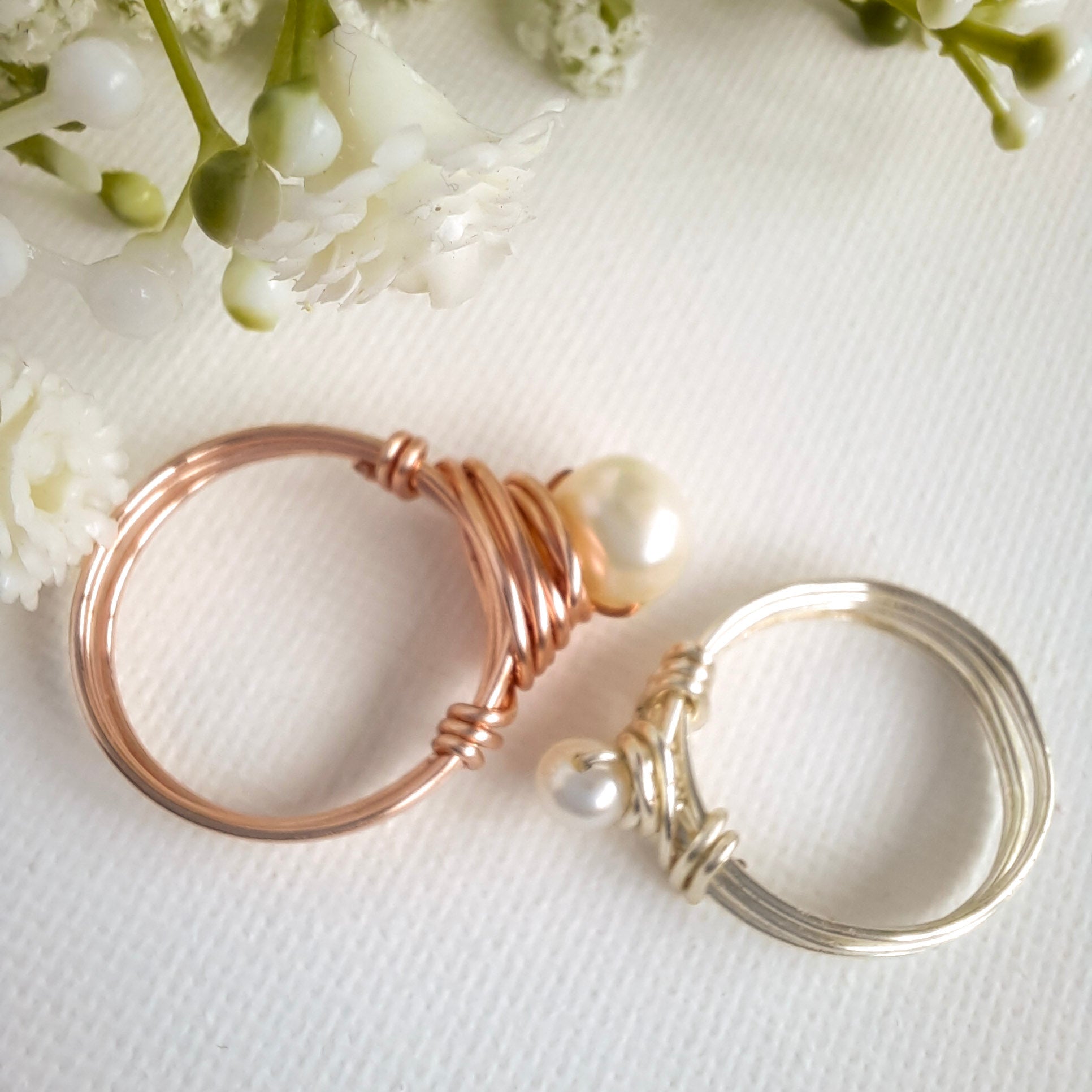 Wire Wrapped Rings - Freshwater Pearls - Watermeadow Lane Jewellery