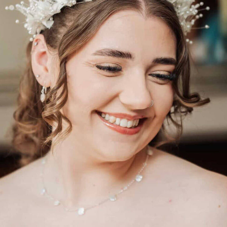 Amelia wearing wedding pearl jewellery commission by Watermeadow Lane Jewellery