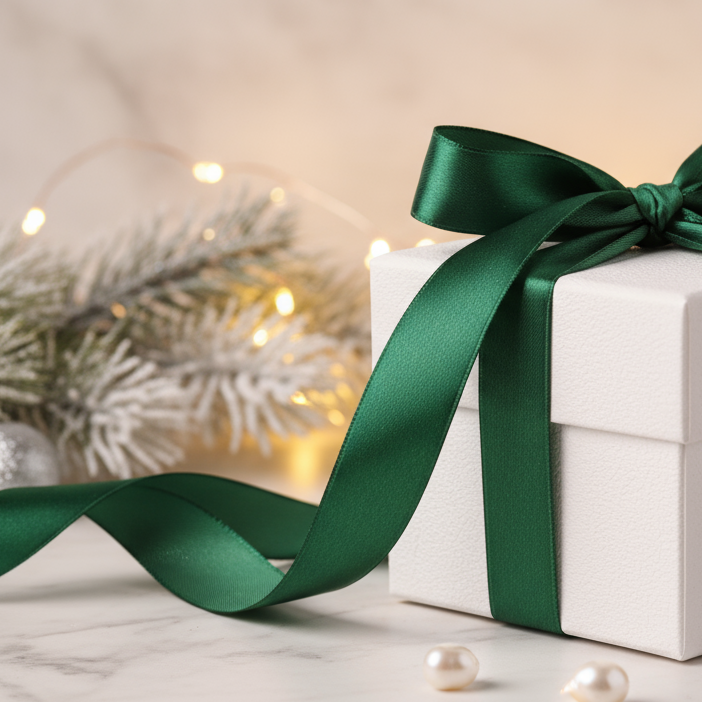 christmas jewellery gift box with white box and green ribbon