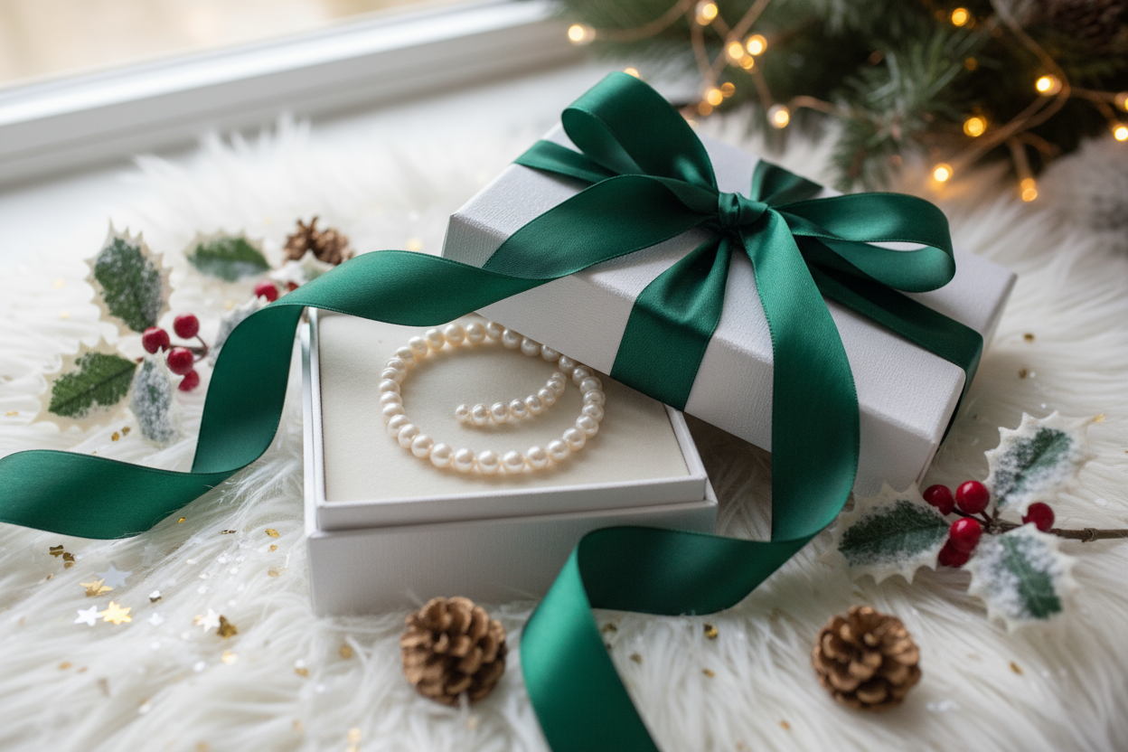 christmas jewellery gift with white box and green ribbon