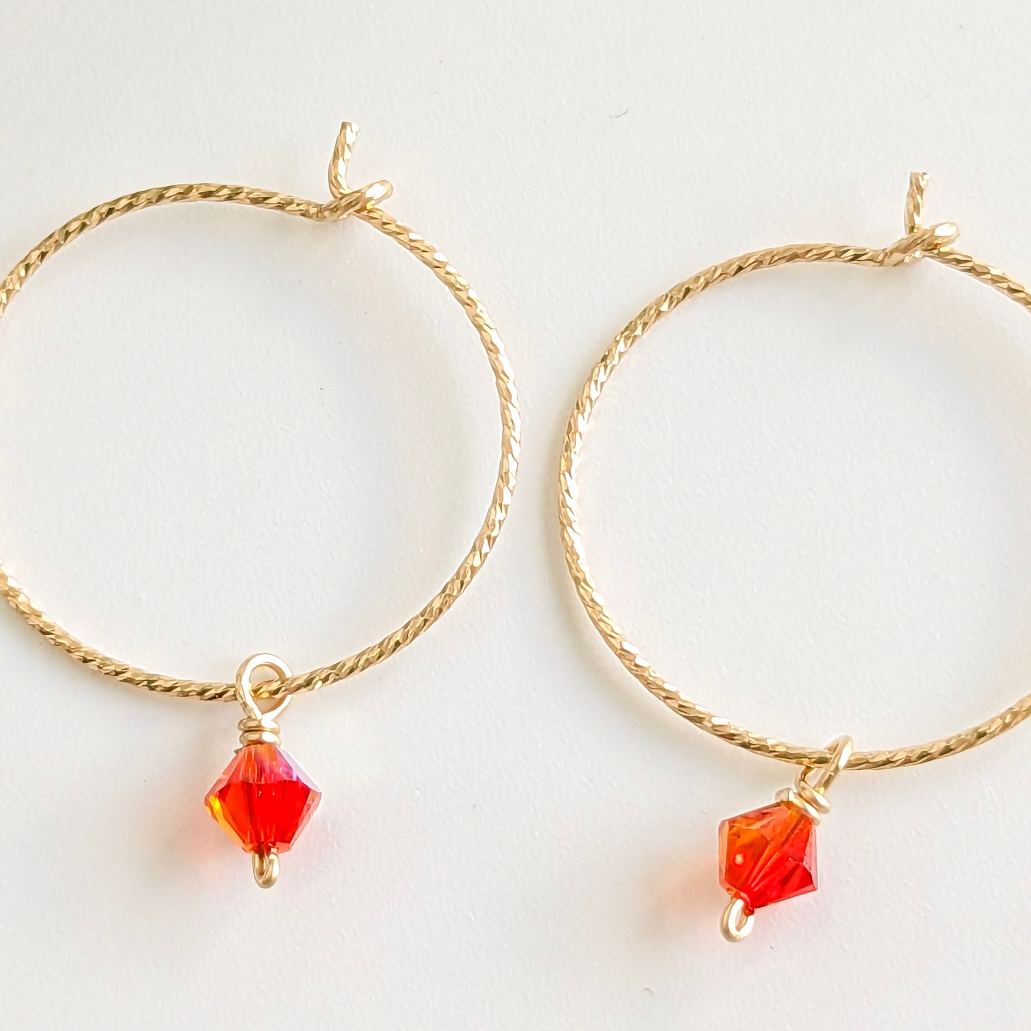 Gold Hoop Earrings with Orange Crystal - Watermeadow Lane Jewellery